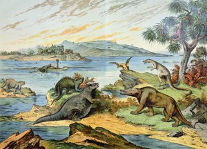 白亜紀（1億4500万〜6500万年前）を描いた風景、GHフォン・シューベルトによる鉱物学と古生物学の自然史、1888年 作： German School
