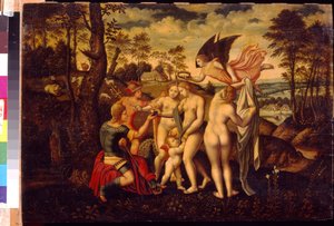 パリの判決。 ドイツの巨匠による絵画、木に油彩、16 世紀半ば。 ドイツの芸術、ルネッサンス。 州立 A. プーシキン美術館、モスクワ。 作： German School