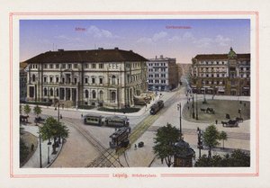 ライプツィヒ、ブルヒャープラッツ（カラーリトグラフ） 作： German School