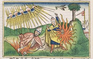 Leviticus 10 1-2ナダブとアビフは、ニュルンベルク聖書（Biblia Sacra Germanaica）（色付きの木版画）から、不浄な火と死をもたらす 作： German School