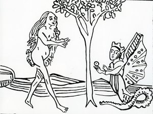 翼のある王冠、蛇の尾を持つリリスは、1470年のオリジナルの後、「Speculum Humanae Salvationis」からリンゴをイブに提供します 作： German School