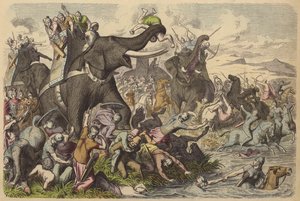 ダキア人やサルマティア人との戦いで戦象を使うマケドニア人（彩色彫刻 作： German School