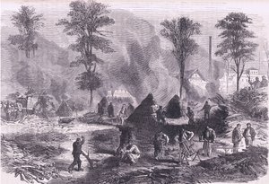 火薬用の木炭を作る様子（Cassells History of the War between France and Germany, published by Cassell and Company Limited, c.1890 (litho) 作： German School