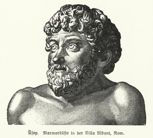 古代ギリシャの寓話作家イソップ（紀元前620-564年頃）の大理石の胸像（リトグラフ版 作： German School