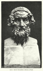 古代ギリシャの詩人、ホメロスの大理石の胸像（リトグラフ 作： German School