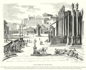 古代ギリシャ、スパルタの市場(リトグラフ) 作： German School