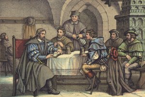 イエナのGasthof der Barenで学生と会話するマルティン・ルター（クロモリト 作： German School