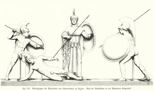 エギナ島にある古代ギリシャのアテナ神殿の西ペディメントからの中群（エングレーヴィング 作： German School