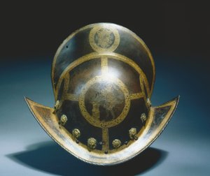 サクソニーのクリスティアン1世の州防衛軍のモリオン、ニュルンベルク、c.1580-91（エッチングおよび金メッキされたラセット鋼） 作： German School