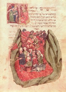 モーセはユダヤ人の祈りの本、ハンブルク、1427年（写本）から紅海を越えてイスラエルの子供たちを導く