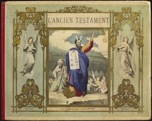 モーゼスが神からシナイ山にある法の書を受け取り、ランシエンテスメントからの正面図のイラストを、ジェイコブフェルディナンドシュライバー、エスリンゲンから出版（カラー彫刻） 作： ドイツ語学校