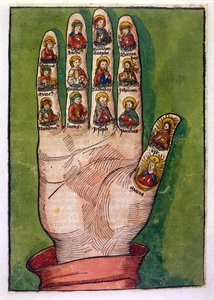 キリスト、聖母マリア、使徒などを描いたスウェーデンのブリジットの神秘的な手、1491年（手彩色の彫刻） 作： German School