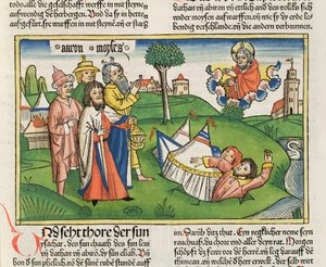 数字16 32地球は反逆者のデーサンとアビラムをニュルンベルク聖書（Biblia Sacra Germanaica）から飲み込みます（色の木版画）