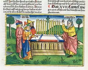 数字17 1-11アーロンのスタッフがニュルンベルクの聖書（Biblia Sacra Germanaica）から祭壇に咲く（色の木版画） 作： German School