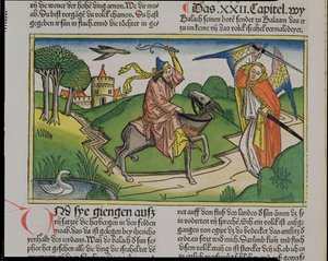 数字22 20-35ニュルンベルク聖書（Biblia Sacra Germanaica）からのおばあさんのロバの話（色の木版画） 作： German School