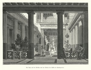 女神ヘスティアの像を背景にした、古代ギリシャの家のオープンコート（エングレービング