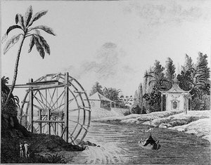 1779年に出版された「庭園のための最近の新しいアイデア」に掲載された、中国風のパビリオンと帆船を備えた装飾的な水車（エングレーヴィング）（モノクロ写真