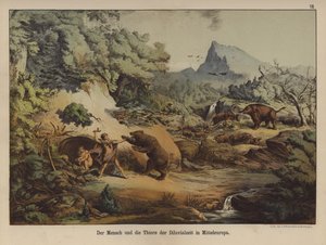 先史時代のヨーロッパの人々と動物（カラーリトグラフ 作： German School