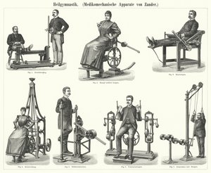 理学療法：スウェーデンの医師・整形外科医であるグスタフ・ザンダーが発明した機械療法の装置（彫刻）。 作： German School