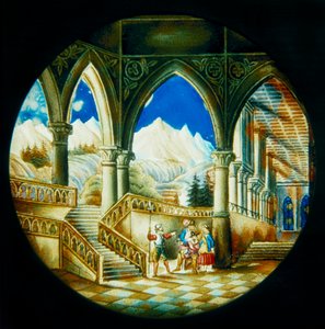 ドイツ製マジックランタン用手描きプレート 宮殿の内観と風景を描いたもの 19世紀前半 作： German School