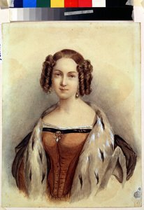 ロシアの皇后となるヘッセンとライン川の王女マリー (1824-1880) の肖像画 (ヘッセンとライン川のマリー王女の肖像、将来のロシア皇后)。 匿名の絵。 紙に水彩、39.3 x 23 cm、1830年後半。ドイツ美術 作： German School