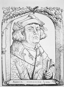 19世紀後半に出版された「歴史の魔法」に描かれた、Ioannes ab IndagineによるChiromantiaのHans Baldung Grienに続く1531年のIndagineジョンの肖像 作： German School