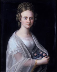 彼女の腕の中でピンクのバラを持つ女性の肖像画 作： German School