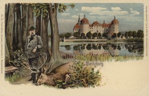 モリッツバーグ城を背景にしたショットスタッグを持つ男を描いたポストカード 作： German School