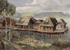 先史時代のヨーロッパの湖の村（カラーリトグラフ） 作： German School