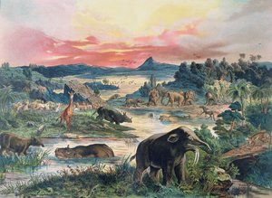 先史時代-第三紀-ヨーロッパの自然環境の復元とこの時期の動物の一部、1886 作： German School
