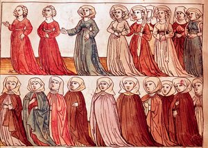 ボヘミアンの女性たちの行列。ウルリッヒ・リヒテンタール（1360-1437）の「コンスタンツ公会議の年代記」からのミニチュア 1438年頃 プラハ、国立図書館 作： German School