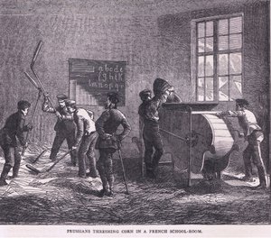 フランスの学校の教室でトウモロコシを脱穀するプロイセン人（Cassells History of the War between France and Germany, published by Cassell and Company Limited, c.1890）（リトグラフ版 作： German School