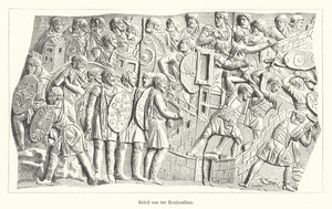 ローマのトラヤヌスの円柱のレリーフ、ローマ人がダキア人を倒している様子を描いたもの(彫刻) 作： German School