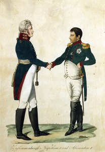 ナポレオン (1769-1821) と皇帝アレクサンドル 1 世 (1777-1825) の会談。 （ナポレオンとアレクサンダー1世の会談）。 匿名の作品、彫刻、水彩 作： German School