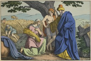 ルースとボアズ、LAncien Testamentのイラスト、Jakob Ferdinand Schreiber、エスリンゲン発行（カラー彫刻）