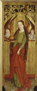 Sainte Barbe または Barbe the Great Martyr (3 世紀)。 （セントバーバラ）。 高台に3つの窓のある塔を運ぶ。 ウェストファーレンの巨匠 (1470 年から 1480 年にかけて活躍) の絵画、木に油彩、1470 年から 1480 年頃。 ドイツの芸術 作： German School