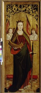 アレクサンドリアの聖カタリナ (290～307 年頃) (聖カタリナ)。 彼の殉教の拷問の車輪の一部を運ぶ。 ウェストファーレンの巨匠 (1470 年から 1480 年にかけて活躍) の絵画、木に油彩、1470 年から 1480 年頃。 ドイツの芸術 作： German School
