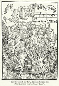 セバスチャン・ブラントの風刺的寓話「愚か者の船」の一場面（版画 作： German School