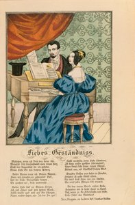 Neuruppiner Bilderbogen、1850年にピアノの下で愛の詩が書かれたカップルのシーン 作： German School