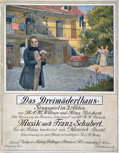 1916年、家の前でシューベルトを描いたダスドライマエーデルハウス（3人の少女の家）の楽譜カバー 作： German School