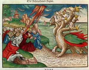 啓示の書、ルター聖書、1530年頃の7頭の蛇（色付きの木版画） 作： German School
