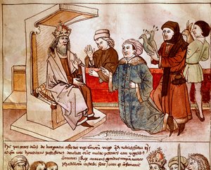 神聖な帝国の皇帝であるルクセンブルクのシギスムント1世（1368-1437）は、従順な民族の貢ぎ物を受け取っています。ウルリッヒ・リヒテンタール（1360-1437）の「コンスタンツ公会議年代記」のミニチュア 1438年頃 プラハ、国立図書館蔵 作： German School