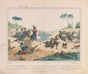 1851年4月にハイチのファスティン1世皇帝とドミニカ共和国のサントドミンゴの軍隊の間の小競り合い。シュルツヴェラーグ、シュトゥットガルト、1851年 作： German School