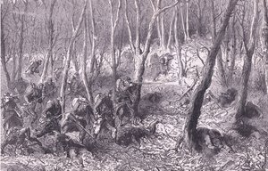 パリ郊外の森の中での小競り合い（Cassells History of the War between France and Germany, published by Cassell and Company Limited, c.1890）（リトグラフ版 作： German School