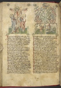 Sloane 361, f.26v Nebuchadnezzar は夢の中で木を見ます。 「Speculum Humanae Salvation」の磔刑（ベラムにインクとカラー） 作： German School