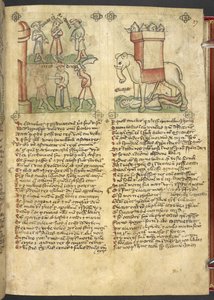Sloane 361, f.27 コドルス王は自分の民のために殺されることをあきらめ、エレアザール・マカベウスは象を刺し、それによって押しつぶされました。 作： German School