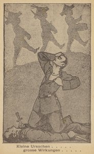 小さな原因大きな影響。ドイツの反戦イラスト、WILPF（平和と自由のための国際女性連盟）発行、1920年代後半（リトグラフ）。