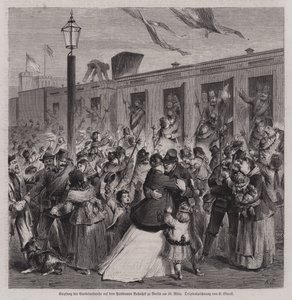 1871年3月22日、普仏戦争からの帰還者をベルリンのポツダム駅で出迎えたプロイセン・ガーデルラントヴェールの兵士たち（エングレーヴィング 作： German School