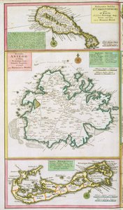 セントキッツ、アンティグア、バミューダ、カリブ海のイギリス植民地の地図からの詳細、パブ。ホーマンの相続人、ニュルンブルク、1750年頃 作： German School
