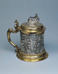 タンカード、アレクサンダーとゴーディアンノットの伝説を表すシーンで追いかけられた体、ダンジグ、1680年頃（小包金銀） 作： German School
